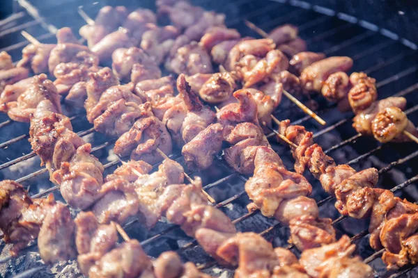 Σουβλάκια κεμπάπ κρέας στη σχάρα, κοτόπουλο καρδιές, — Φωτογραφία Αρχείου