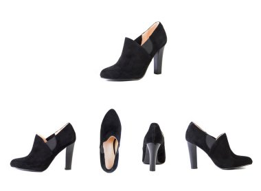 Beyaz arka planda süet kadın botları, siyah ayakkabılar, sonbahar bir