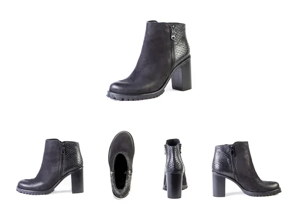 Botas de mujer en ante sobre fondo blanco, zapatos negros, otoño a —  Fotos de Stock