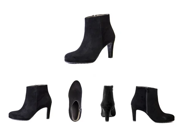 Замшеві жіночі черевики на білому тлі, чорне взуття, осінь — стокове фото