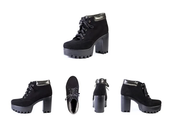 Bottes pour femmes en daim sur fond blanc, chaussures noires, automne a — Photo