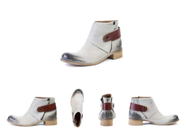 Белые весенние сапоги для женской обуви на белом фоне, онлайн — стоковое фото