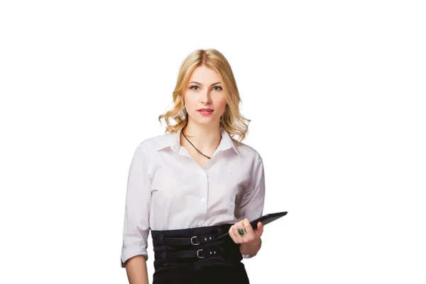 Flicka på en vit bakgrund med en tablett i handen, online-hjälp — Stockfoto