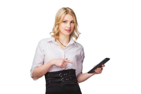 Kız beyaz bir arka planda bir tablet elinde, çevrimiçi yardım ile — Stok fotoğraf