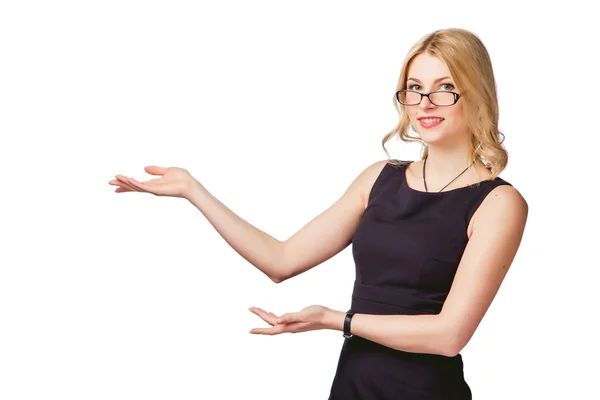Affärskvinna på vit bakgrund Presentation av tjänster — Stockfoto