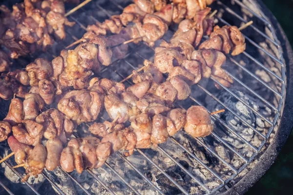 Σουβλάκια κεμπάπ κρέας στη σχάρα, κοτόπουλο καρδιές, — Φωτογραφία Αρχείου