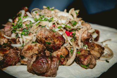 bir pide ile soğan ve otlar kebap, yemek et,