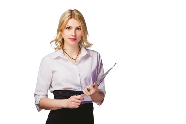 Girl on a white background with a tablet in hand, online help — Stock Photo, Image