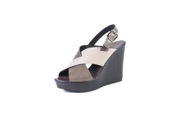 Kadın kırmızı sandalet beyaz bir arka planda, online alışveriş