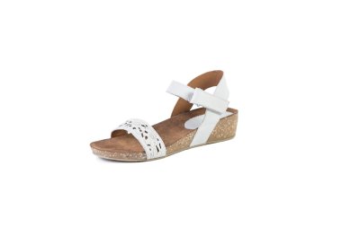 Kadın kırmızı sandalet beyaz bir arka planda, online alışveriş