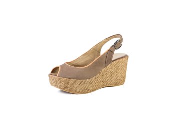 Kadın kırmızı sandalet beyaz bir arka planda, online alışveriş