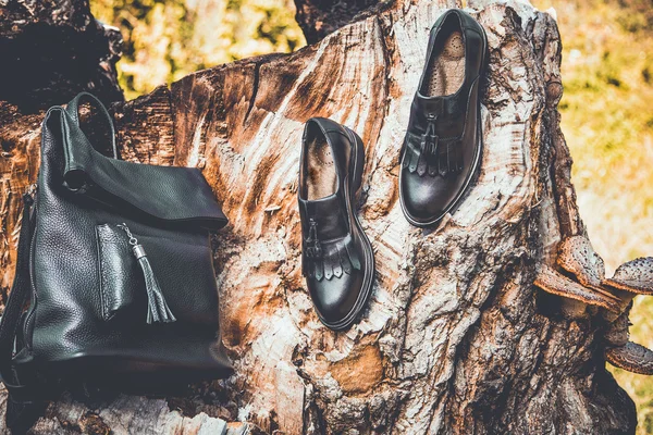 Zwarte lederen schoenen, een rugzak en Damesschoenen — Stockfoto