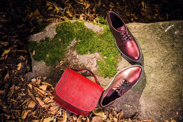 Chaussures italiennes et sac à main femme rouge sur un rocher dans la forêt — Photo