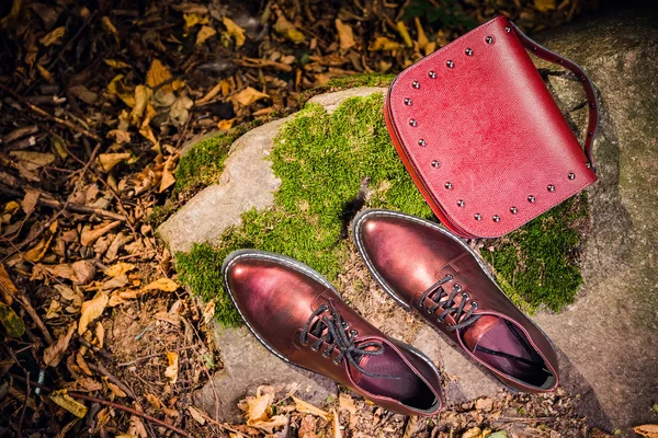 Italiaanse schoenen en rode vrouwelijke handtas op een rots in het bos — Stockfoto