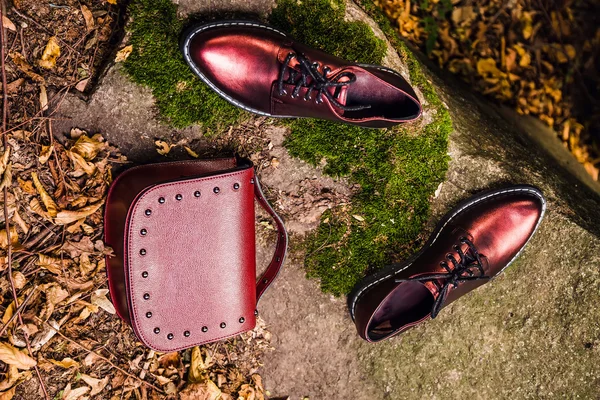 Zapatos italianos y bolso femenino rojo en una roca en el bosque — Foto de Stock