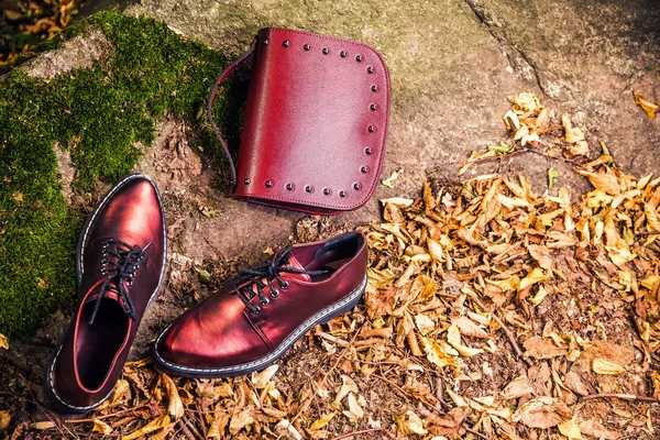 Sapatos italianos e bolsa feminina vermelha em uma rocha na floresta — Fotografia de Stock