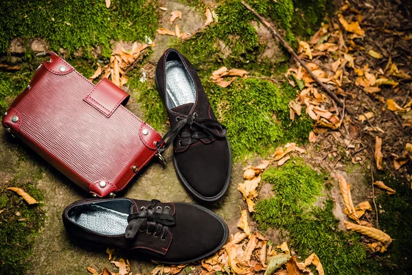 Italiaanse zwarte schoenen en vrouwen handtas op een rots in het bos — Stockfoto