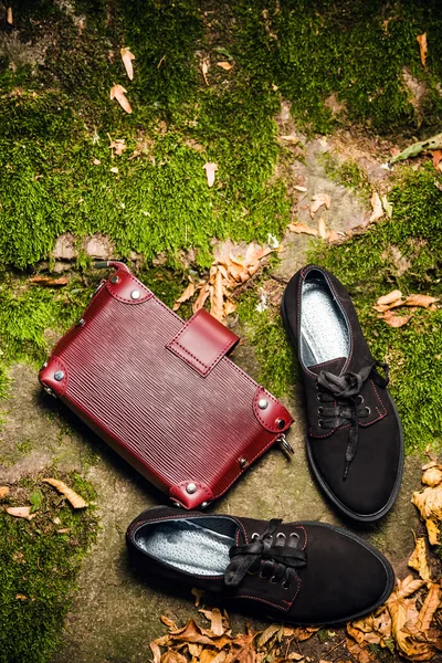 Zapatos negros italianos y bolso de mujer en una roca en el bosque — Foto de Stock