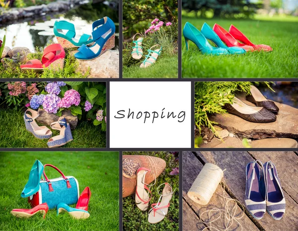 Koláž Dámská obuv, boty reklamy, nakupování — Stock fotografie