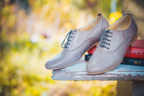 Los zapatos de cuero para mujer con cordones están en un mantel a cuadros — Foto de Stock