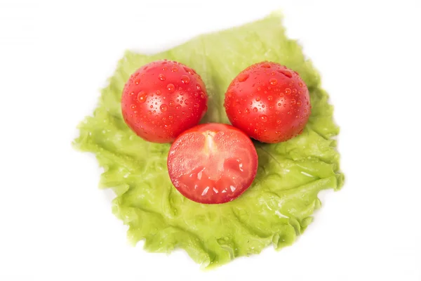 Chopped tomatoes lying on a sheet of green salad — Stock Photo, Image