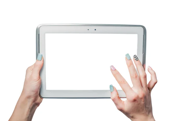 Tecnología, compras en línea, chica sosteniendo una tableta — Foto de Stock