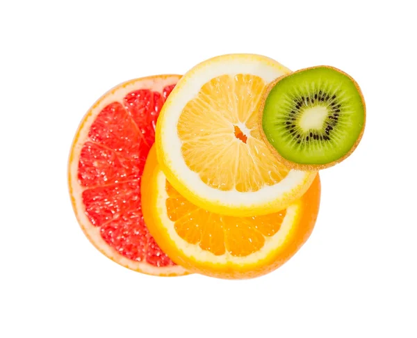 The pedestal of the fruits falling fruit, balance, grapefruit, kiwi, lemon — Stock Photo, Image