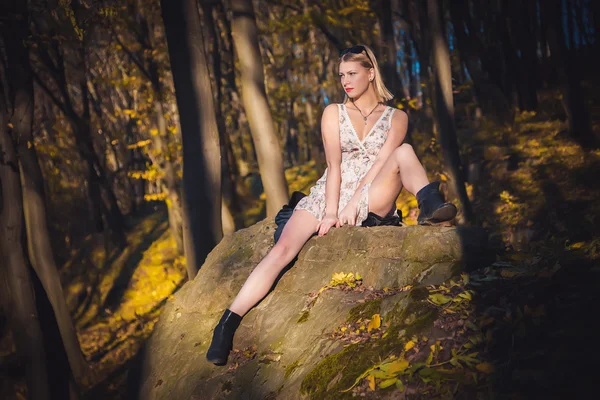 Sexy chica acostada en una roca en el bosque, ropa de publicidad — Foto de Stock