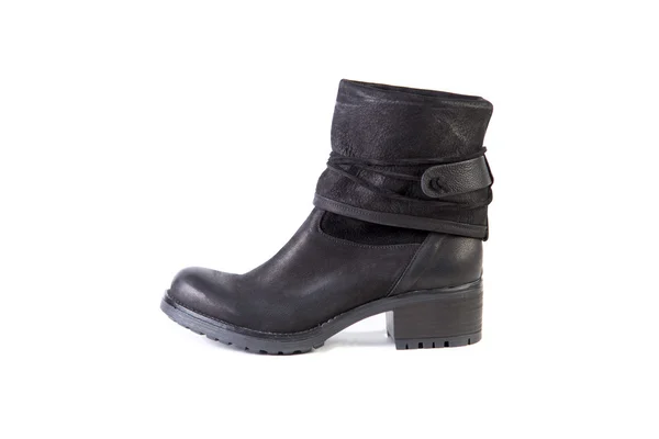 Suede women's boots on a white background, black shoes, autumn and winter, side view — Stock Fotó