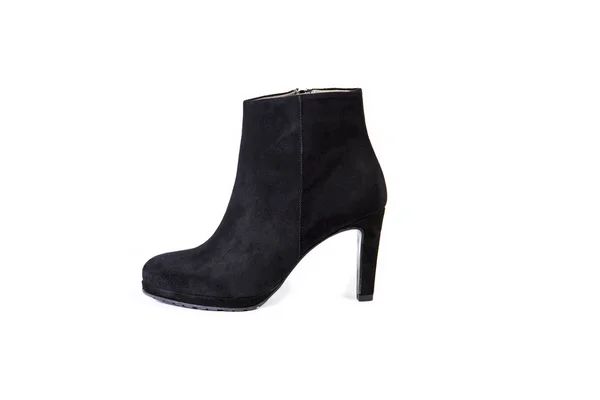 Suede women's boots on a white background, black shoes, autumn and winter, side view — 스톡 사진