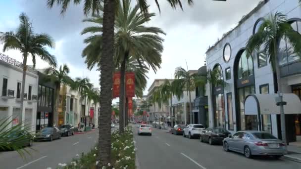 Rodeo Beverly Hills mengendarai mobil dan pohon palem Jalan-jalan berawan dan trotoar selama coronavirus lockdown. Beverly Hills California January 2020 — Stok Video