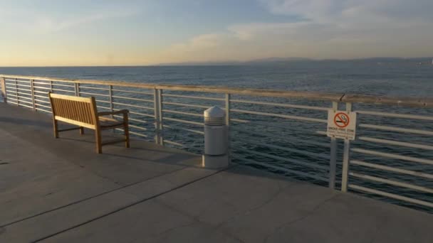 ヘルモサビーチ桟橋有名なラ・ラ・ランドの景色、海と空のベンチの美しい景色を楽しむ — ストック動画