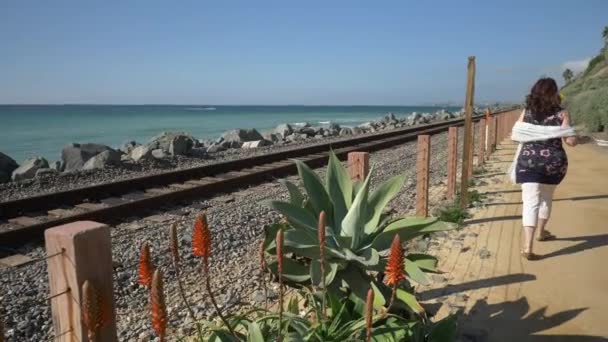 Idős érett nő séta boldog az ösvényen, közel a vasúti pálya gyönyörű táj csendes-óceáni part Orange megye San Clemente — Stock videók