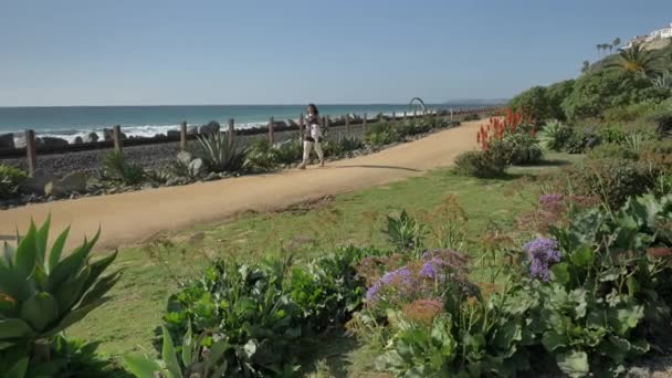 Senior mulher madura andando feliz na trilha perto de trilhos ferroviários bela paisagem costa pacífica condado de Orange San Clemente — Vídeo de Stock