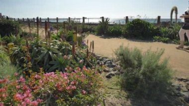 Yaşlı olgun bir kadın, tren yolunun yakınında mutlu bir şekilde yürüyor. Güzel pasifik sahili, Orange County, San Clemente.