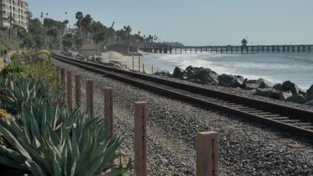 Senior donna matura a piedi felice al sentiero agave vicino al binario ferroviario bellissimo paesaggio costa pacifica Orange County San Clemente — Video Stock