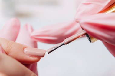 Manikür işlemi. Manikürcü oje sürüyor. Tırnak cilası..