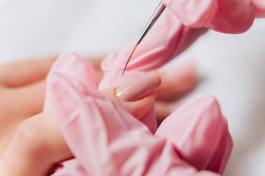 Manikür işlemi. Manikürcü oje sürüyor. Tırnak cilası..