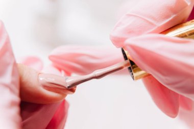 Manikür işlemi. Manikürcü oje sürüyor. Tırnak cilası..