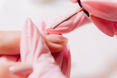 Manikür işlemi. Manikürcü oje sürüyor. Tırnak cilası..