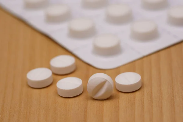 White Pills Table Blister Pack Selective Focus Close — Stock Photo, Image