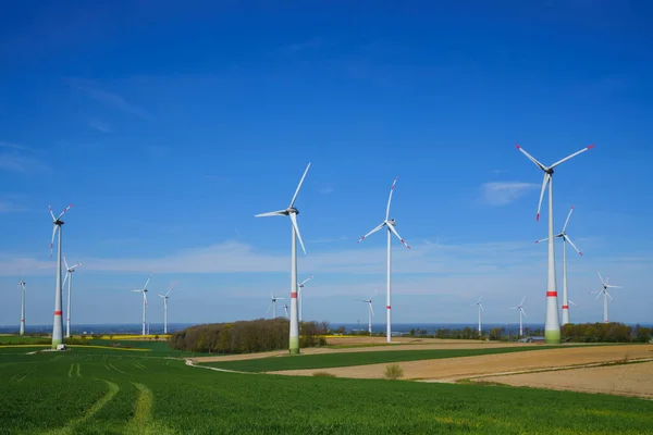 Agricultural Fields Wind Turbines Standing Them Clear Blue Sky — Stock Photo, Image