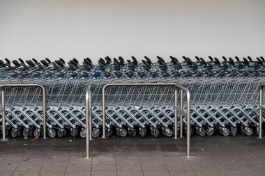 Düzgün sıralanmış alışveriş arabaları bir perakende mağazasının önünde sıraya dizilmişler. Metal arabalar organize edildi ve müşteriler için hazır. Sahne, alışverişe hazırlanma anını yakalar..