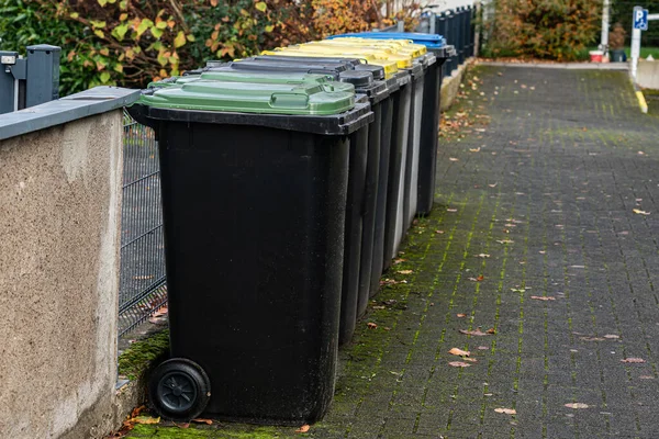 Yeşil, sarı ve siyah renkli bir sıra geri dönüşüm kutuları kaldırımlı bir caddede beton bir çitin yanında duruyor. Sonbahar yaprakları zemini kaplayarak şehir manzarasına renk katar.