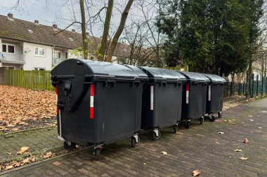 Siyah çöp bidonları, caddenin yanındaki tuğla patikada bir sıraya konur. Ağaçlar yakınlarda duruyor ve düşen yapraklar serin bir mevsim göstererek zemini kaplıyor..