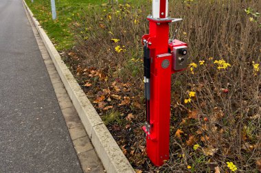 Sokak bariyerinin kırmızı metal bir tabanı bir yolun yanındadır. Bölgede yeşil çimenler ve çalılar var. Sarı çiçekler düşmüş yapraklar arasında görülebilir. Hava açık görünüyor..