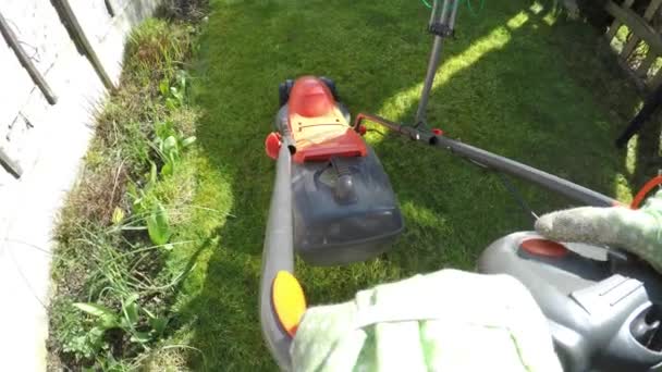Cortar hierba en un día soleado con cortacésped — Vídeo de stock