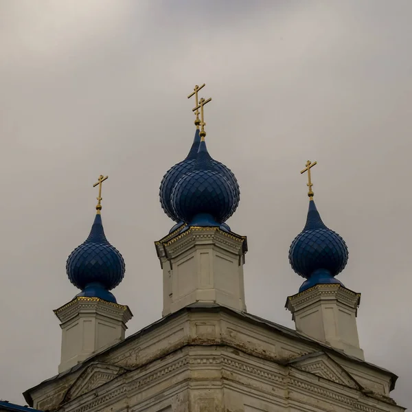 blue domes of the Orthodox Church, Pokrovsky Church, Shunga village, Kostroma region, Russia