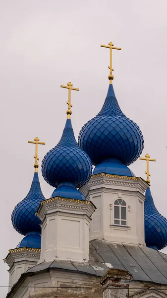 Błękitne Kopuły Cerkwi Prawosławnej Pokrovsky Church Wieś Shunga Obwód Kostarski — Zdjęcie stockowe