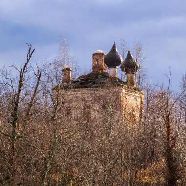 Terk edilmiş kırmızı tuğla Ortodoks Kilisesi, Rusya, Kostroma bölgesi, Sudislavsky bölgesi, eski Ust-Penye köyü
